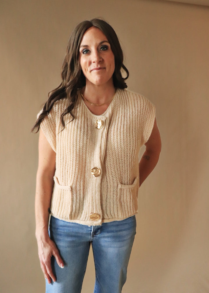 Oatmeal Big Metal Button Front Sweat Vest