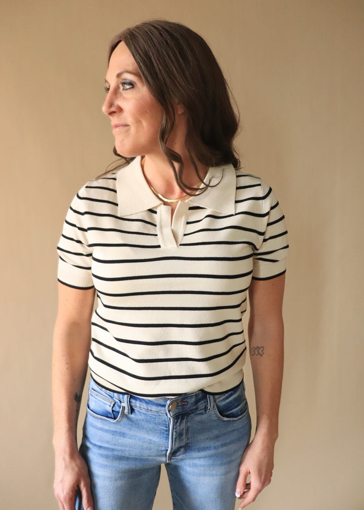 Joetta Ribbed Stripe Short Sleeve V Neck Top