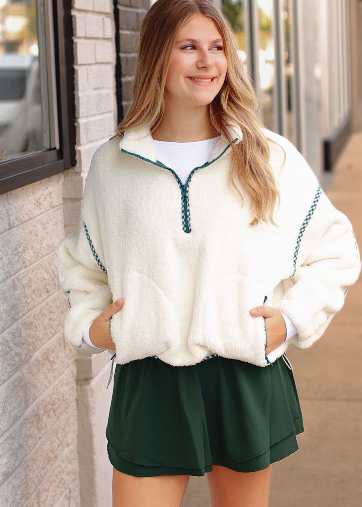 Kelly Green Trim  Sherpa Half Zip Pullover
