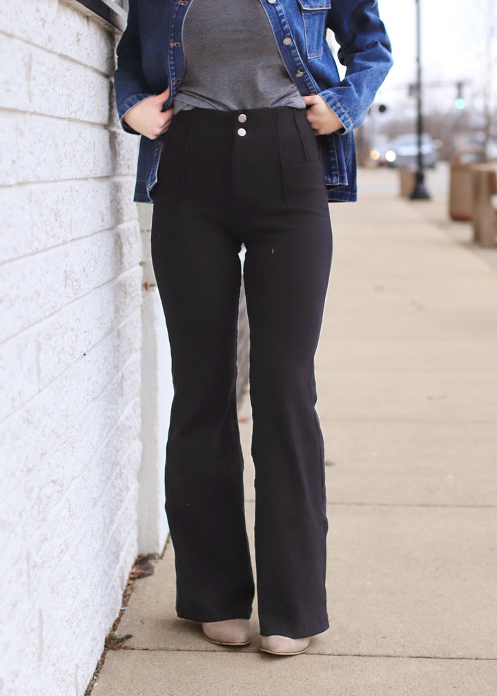 Pintuck Twill Flare Pants in Black