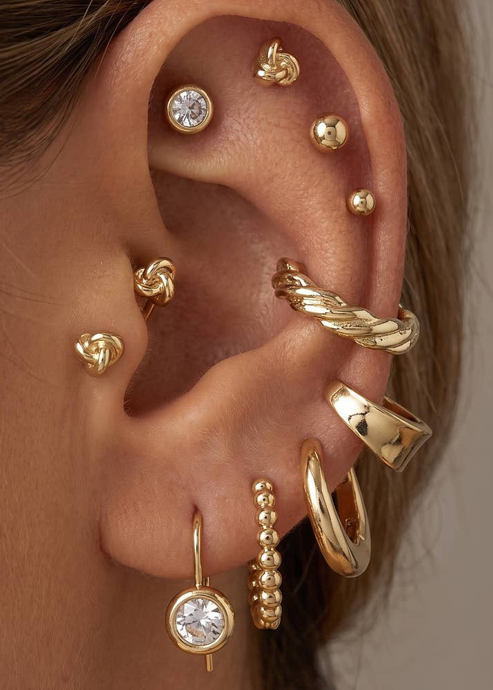18K Gold Dipped Knot Stud And Hoop Ten Pair Earring Set