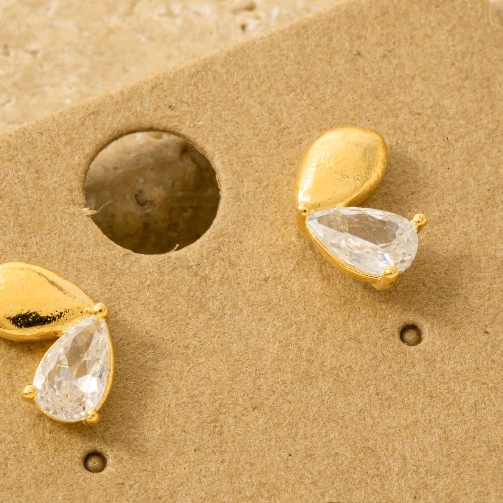Gold Dipped And Cz Double Tear Stud Earrings