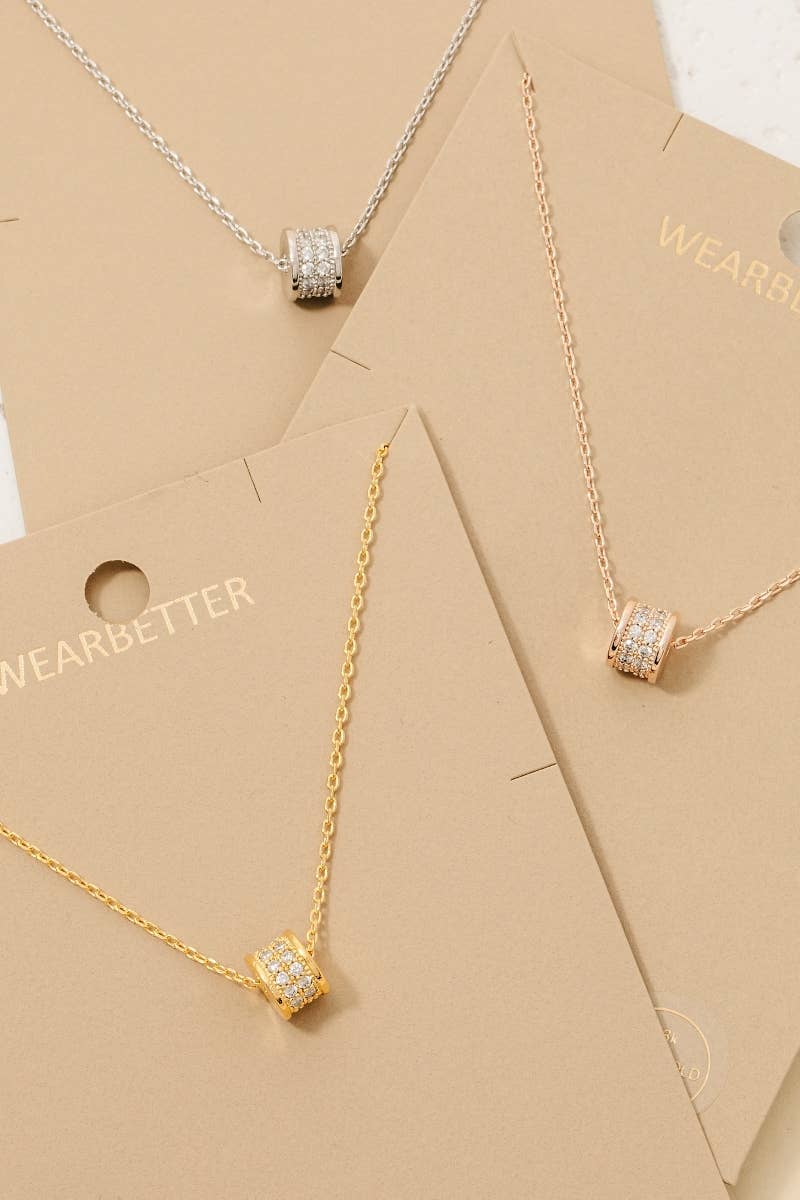 Gold Dipped Cz Pave Cylinder Pendant Necklace