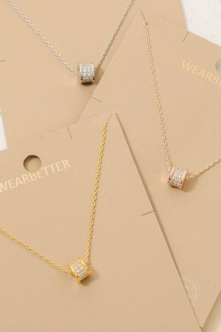 Gold Dipped Cz Pave Cylinder Pendant Necklace