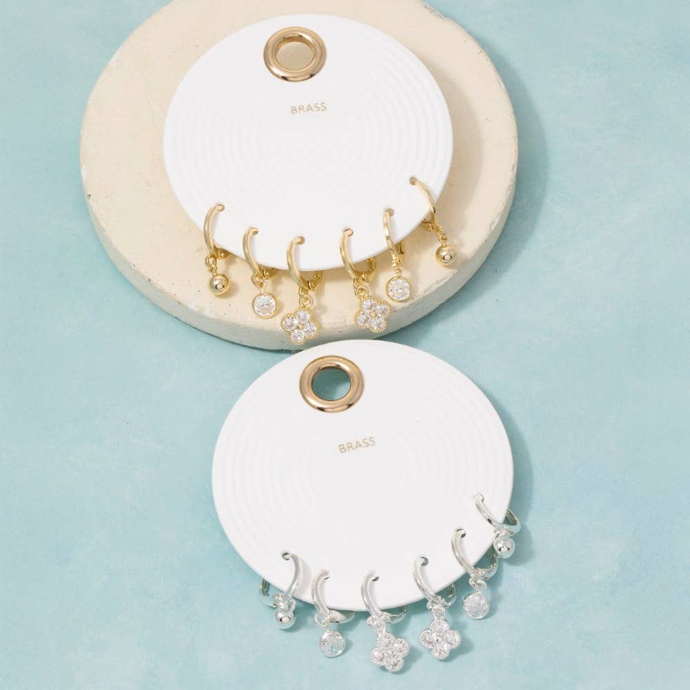 Cz Clover And Ball Charm Hoop Earring Set