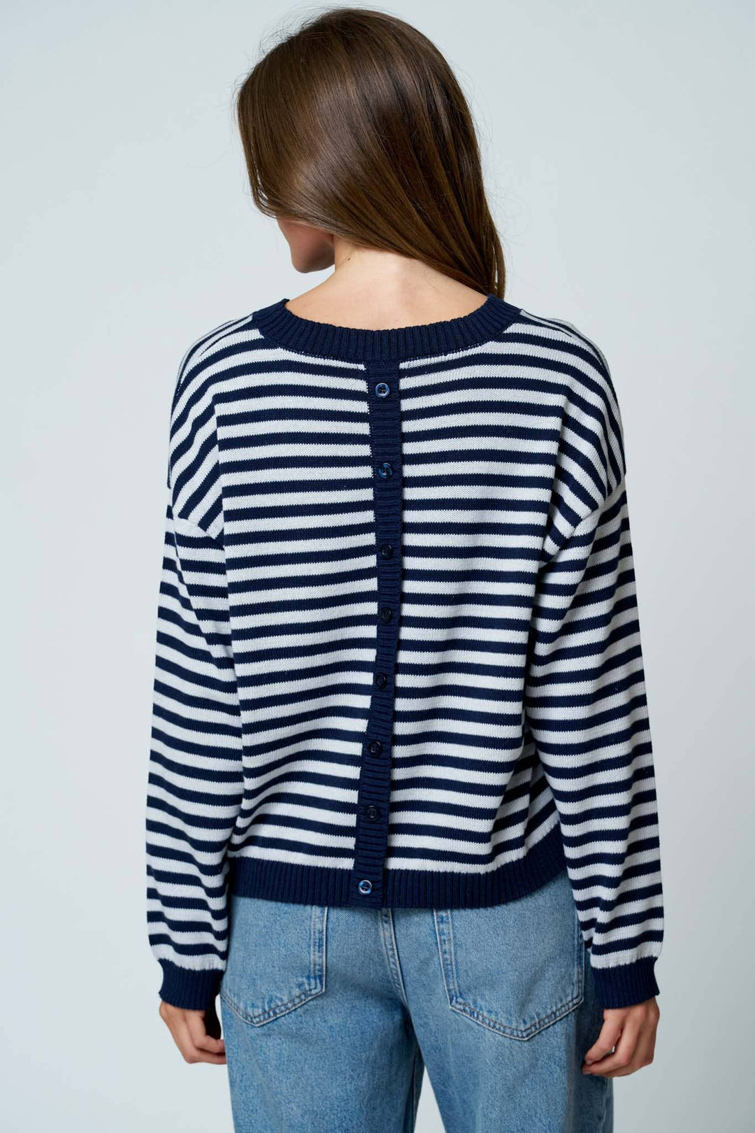 Oatmeal &amp; Brown Stripe Back Button Sweater