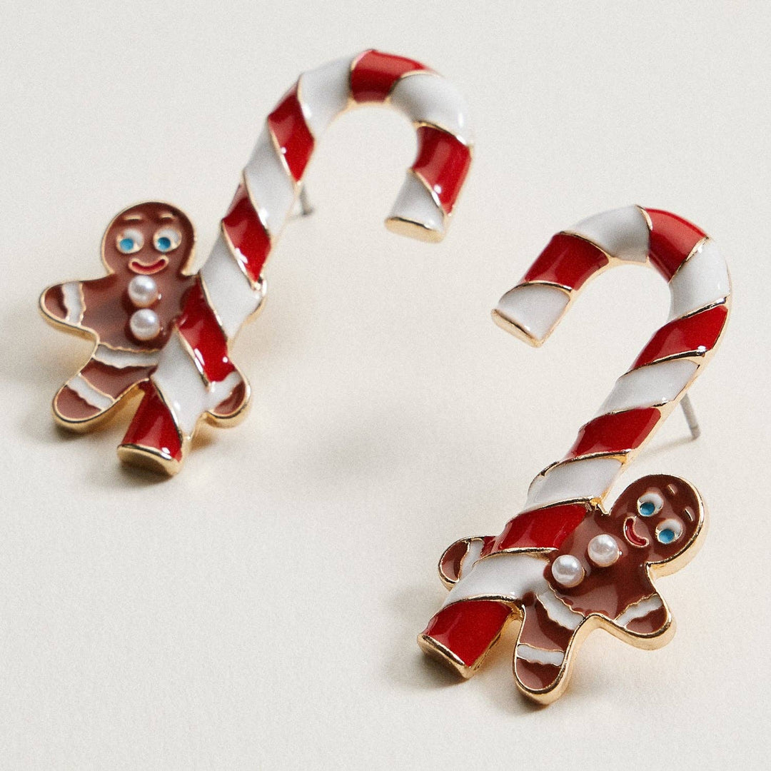 Candy Cane &amp; Gingerbread Stud Earrings | Christmas Holiday Earrings