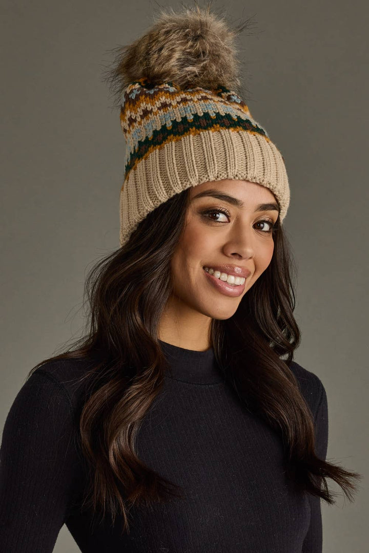 Taupe & Multicolored Patterned Pom Hat