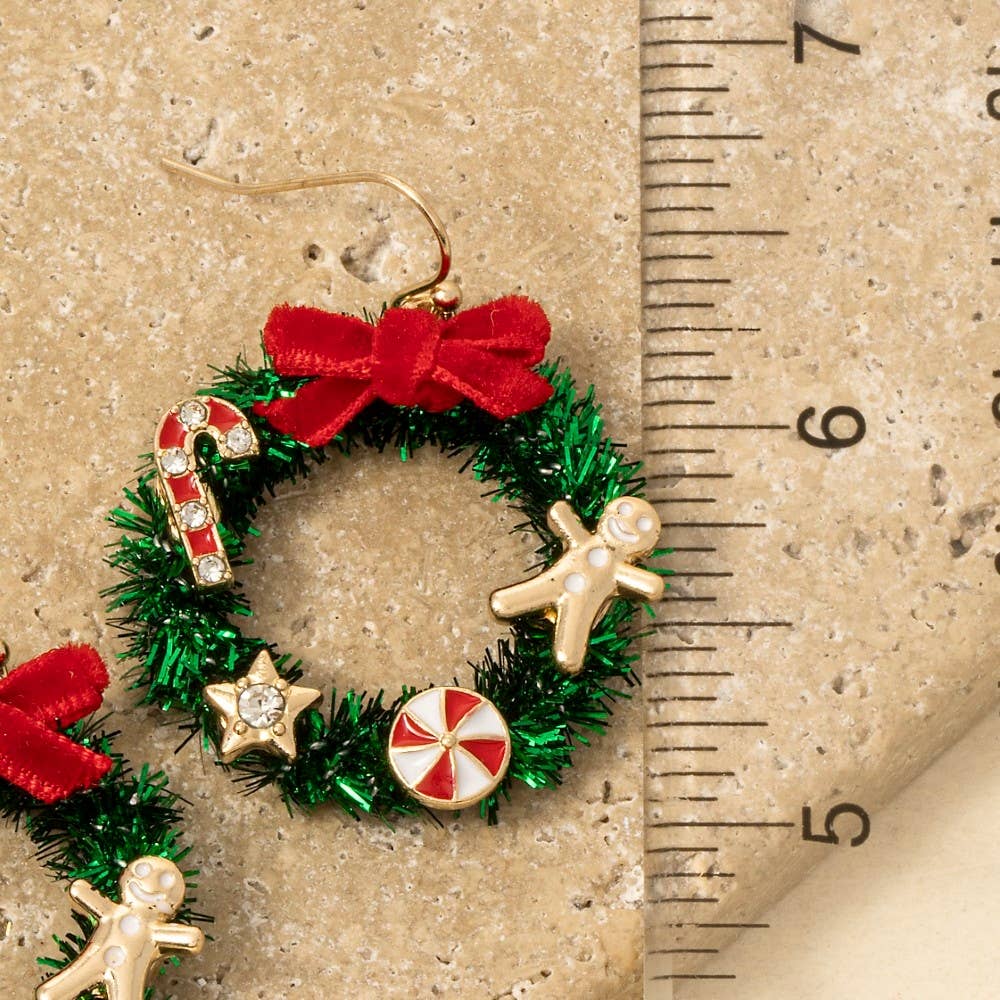 Bow Christmas Wreath Holiday Dangle Earrings