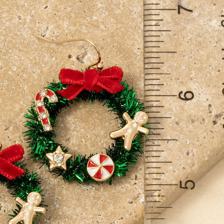 Bow Christmas Wreath Holiday Dangle Earrings