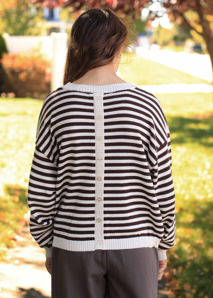 Oatmeal &amp; Brown Stripe Back Button Sweater