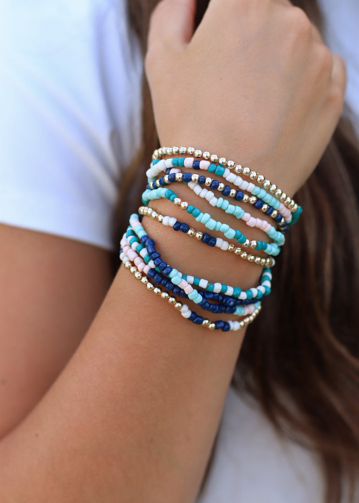 Mixed Mint And Blue Tones Seed Beaded Bracelet Set