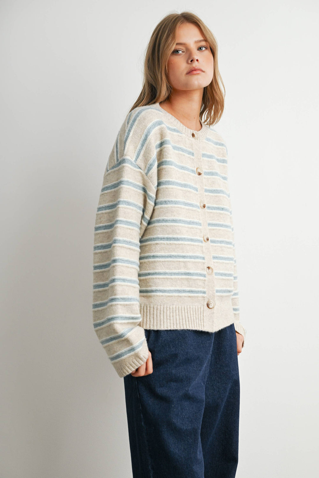 Ivory Multi Stripe Button-Up Cardigan