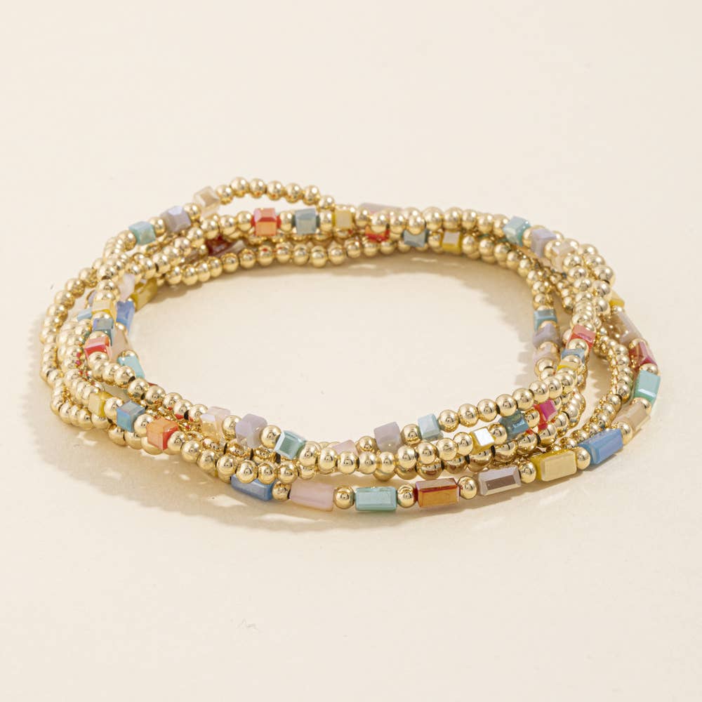 Ball Bead Stretch Bracelet Set With Crystal Accents