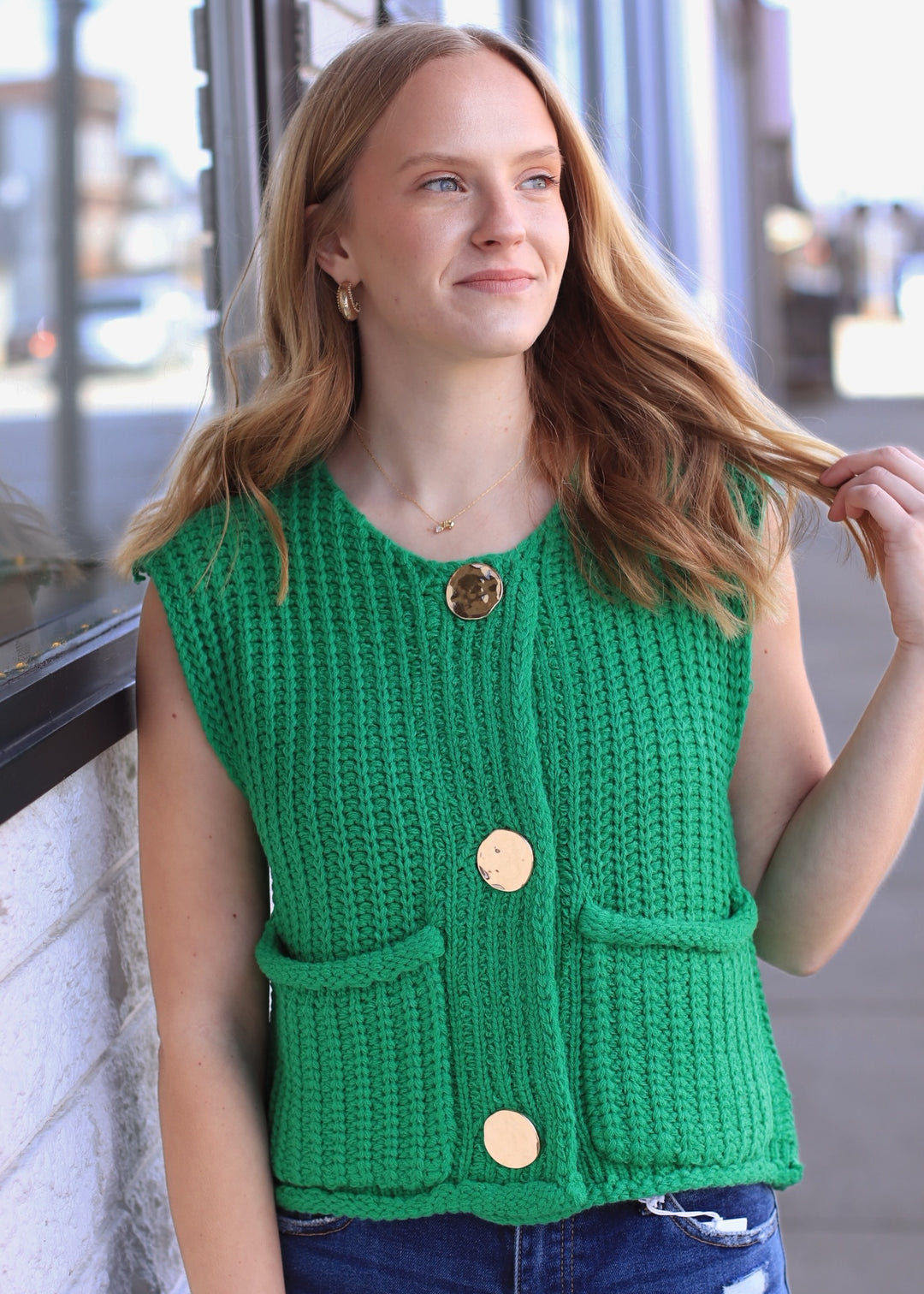 The Collins Gold Button Sweater Vest in Green
