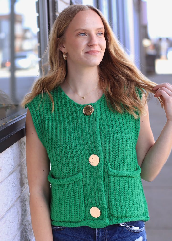 The Collins Gold Button Sweater Vest in Green