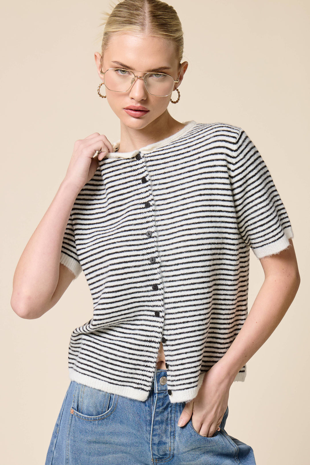 The Lucy Stripe Cardigan in Navy