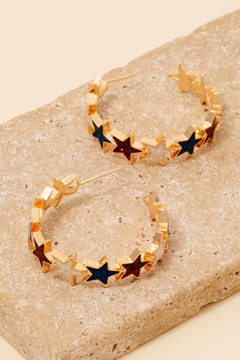 4Th Of July Patriotic Stars Hoop Earrings
