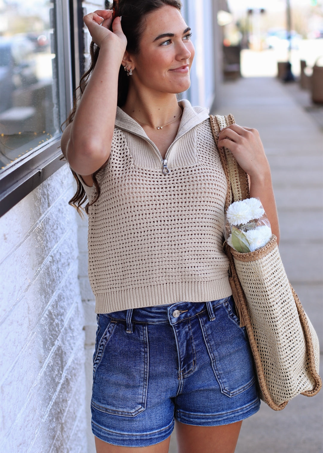 Bayside Knit Top Open Knit Zip Collar Sleeveless Sweater- Taupe