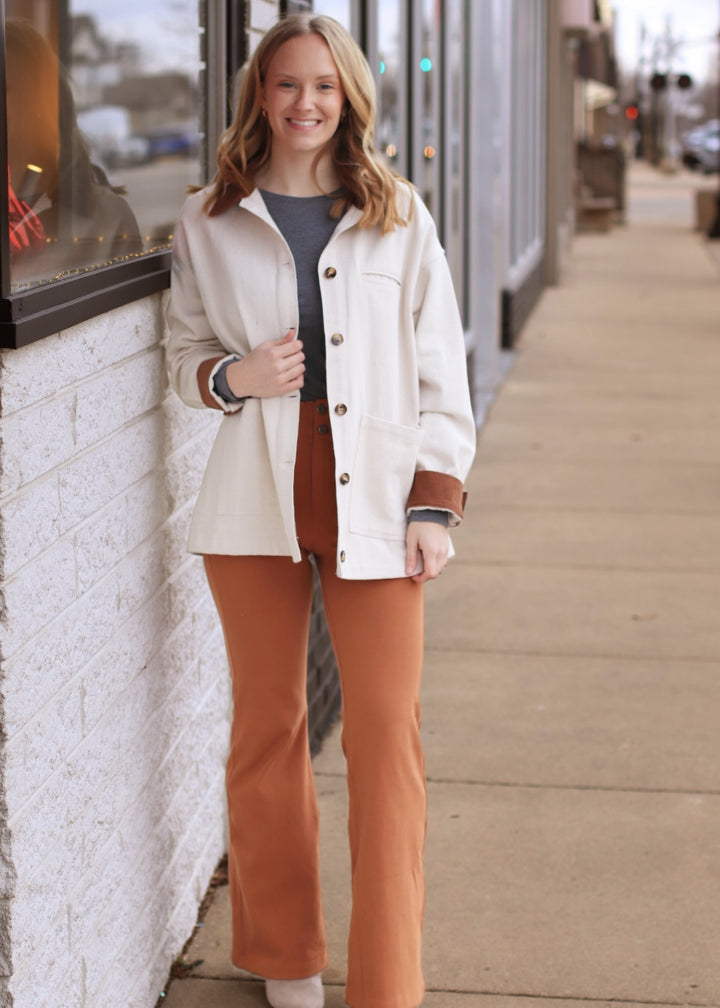 Pintuck Twill Flare Pants in Chestnut