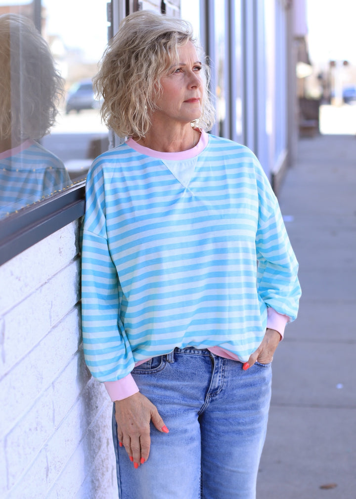 The Stevie Stripe Pullover in Mint/Fuchsia