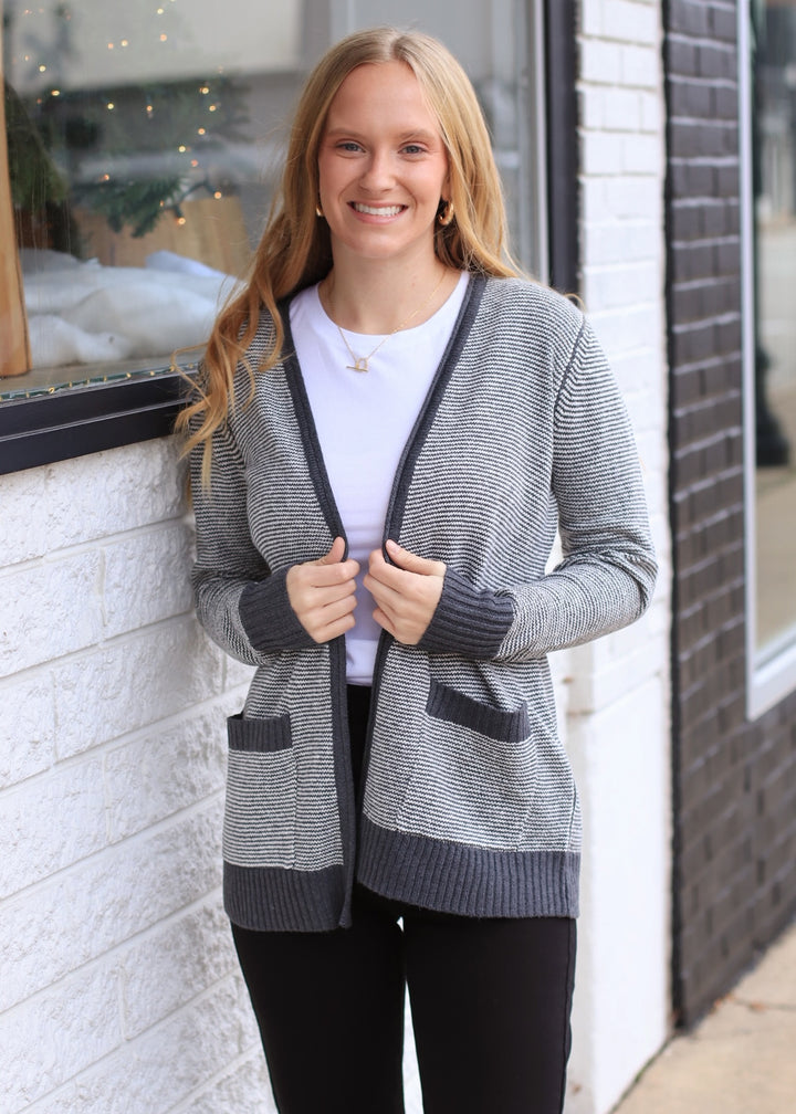 The Linton Stripe Cardigan in Charcoal