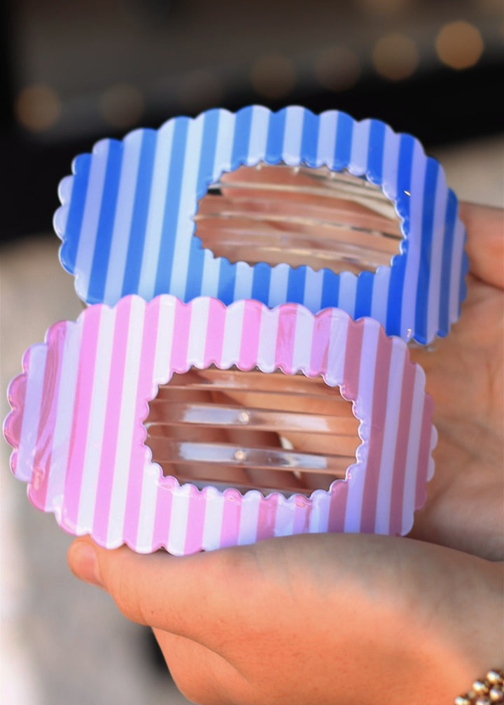 Stripe Blue Scalloped Edge Flat Hair Claw Clip