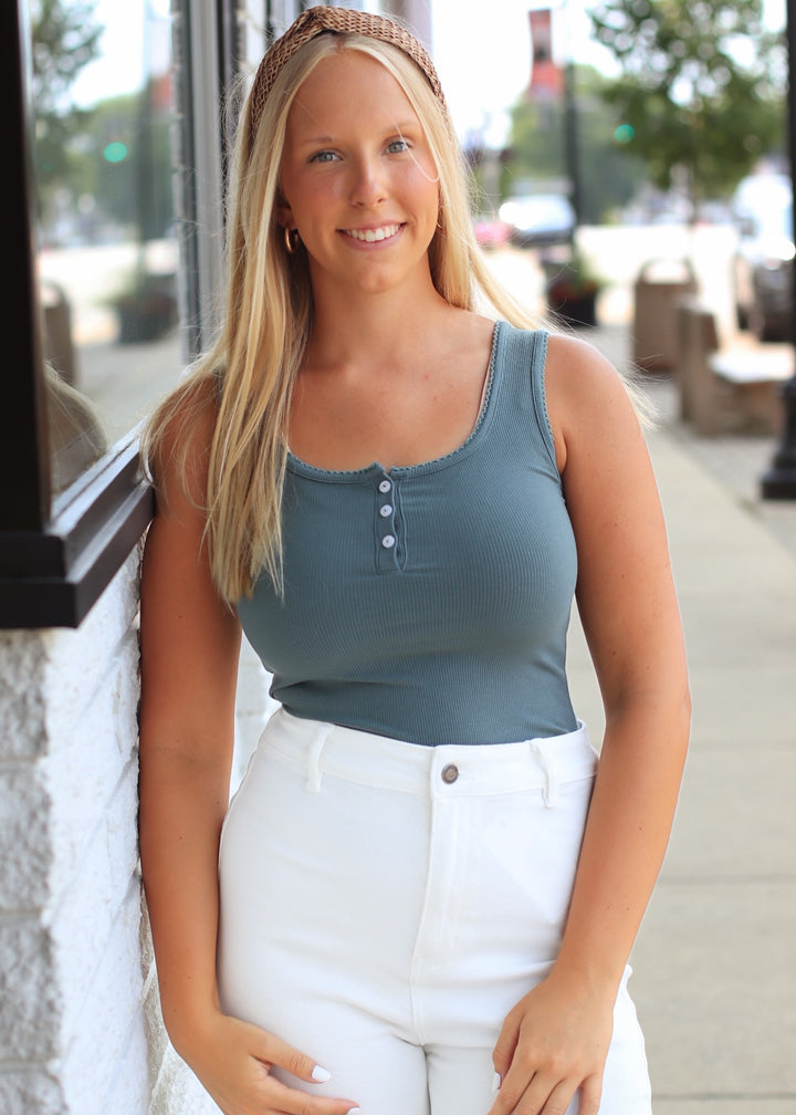 Ribbed Scoop Neck Button Front Tank Top