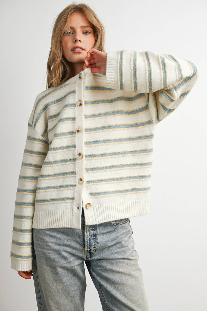 Ivory Multi Stripe Button-Up Cardigan
