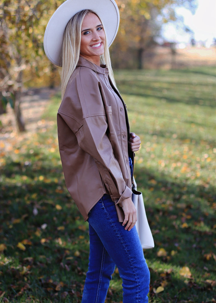 CLEARANCE FINAL SALE  Agnes Faux Leather Button Down Shacket in Camel