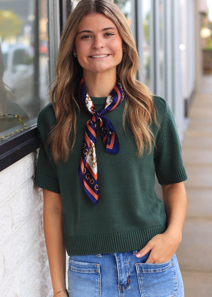 Classic Chain Print Square Scarf | Green &amp; Navy Border Silk-Feel Fashion Scarf