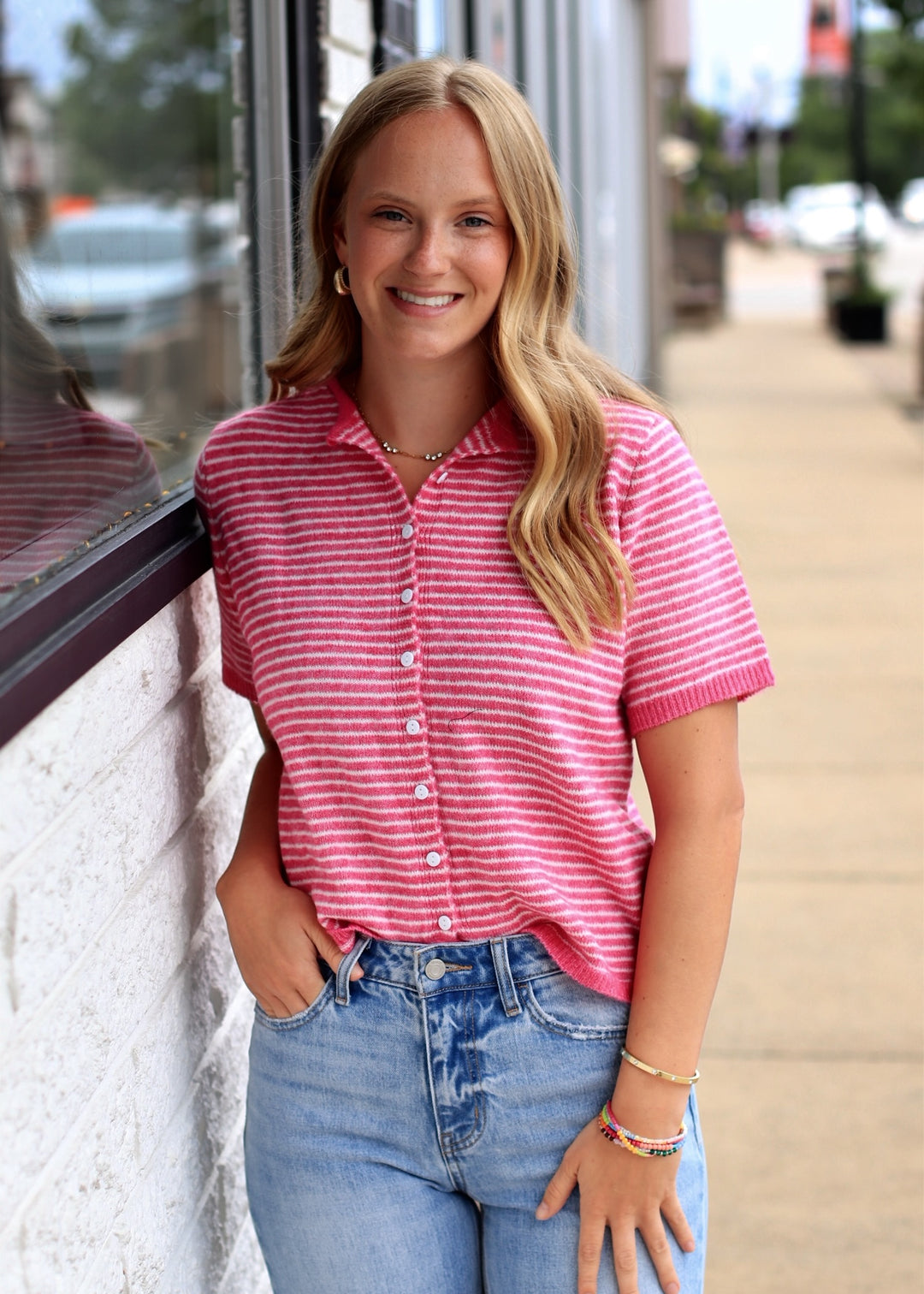 The Lucy Stripe Cardigan in Hot Pink