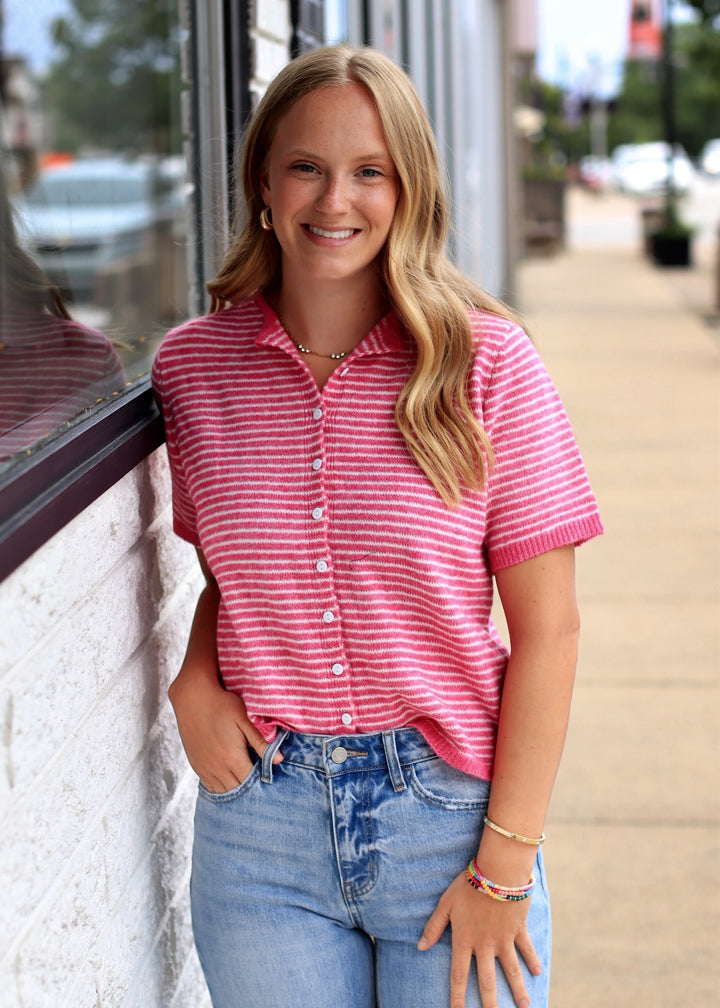 The Lucy Stripe Cardigan in Hot Pink