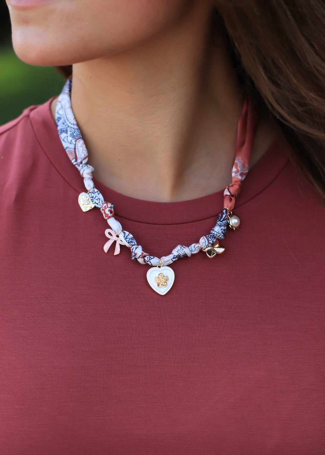 Enamel Heart And Ribbon Bow Charms Bandana Knotted Necklace