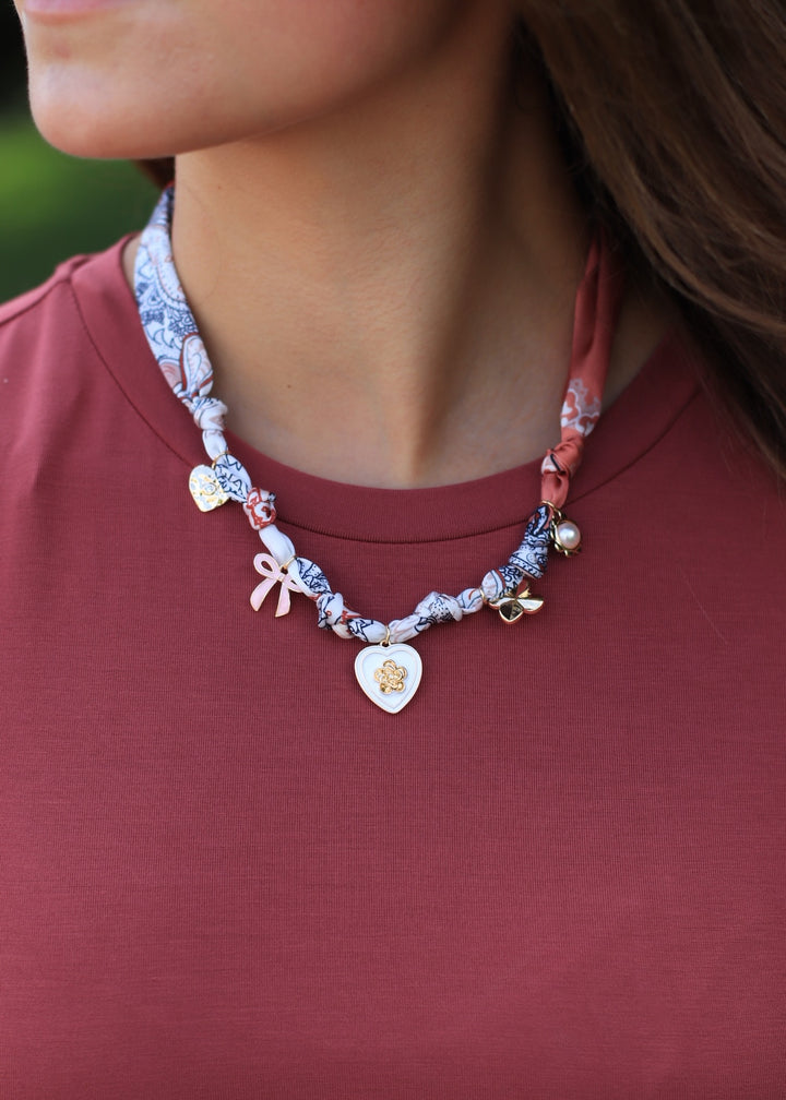 Enamel Heart And Ribbon Bow Charms Bandana Knotted Necklace