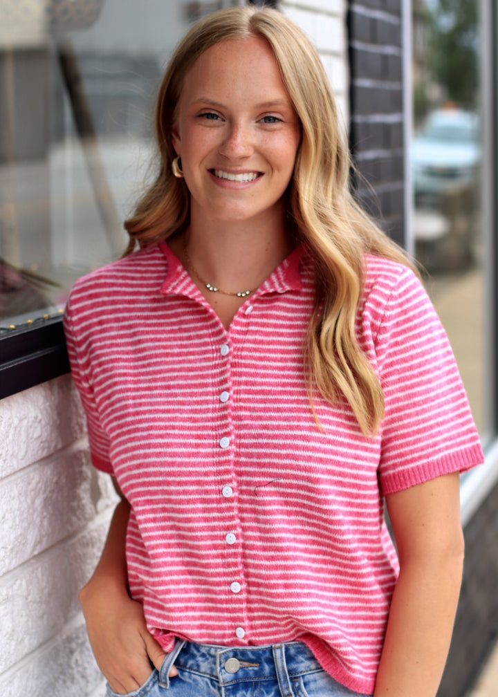 The Lucy Stripe Cardigan in Hot Pink