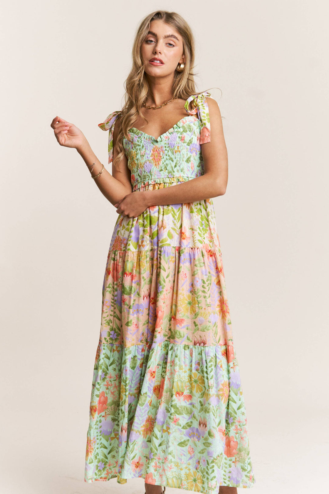Smocked V-neck Tiered Multi Print Dress