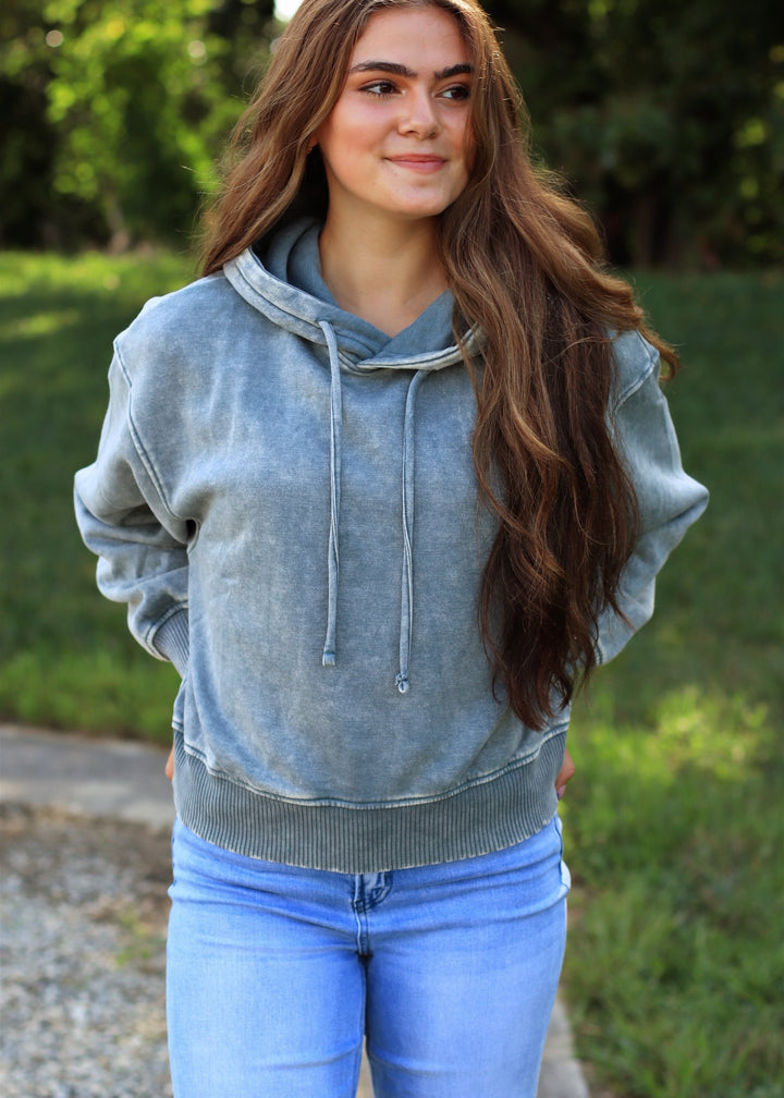 Ash Jade Acid Wash Fleece Cropped Hoodie
