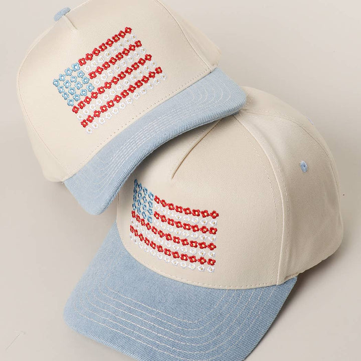Floral American Flag Embroidered Two-Tone Denim Trucker Hat