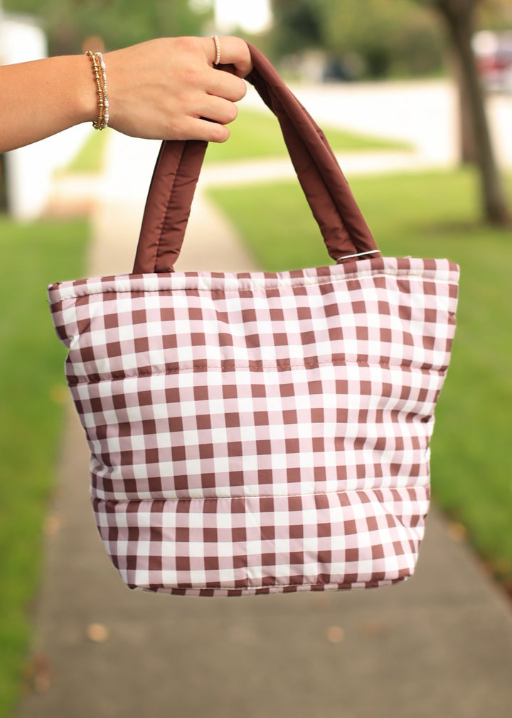 Brown Gingham Check Mini Puffer Tote Bag