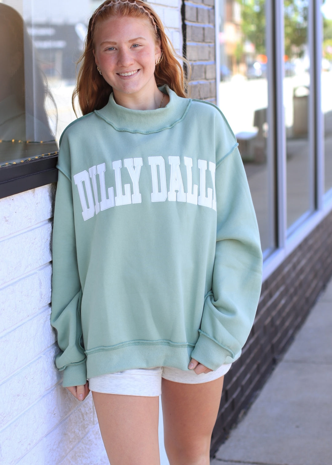 Dilly Dally Mock Neck Sweatshirt in Sage