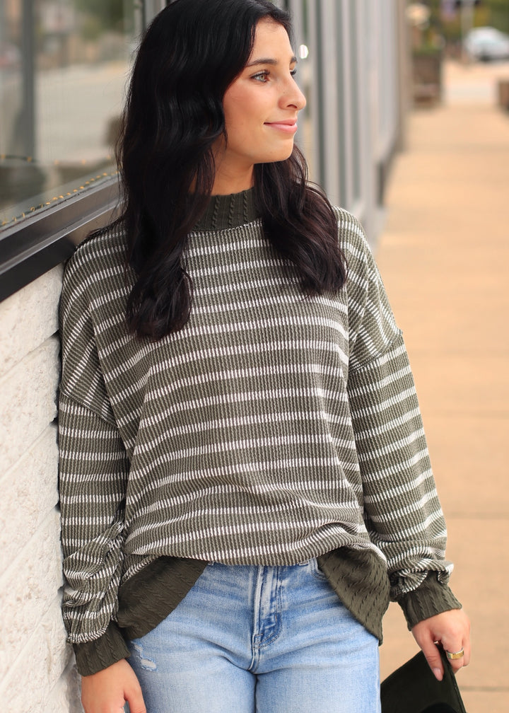 Olive Striped Mock Neck Knit Top
