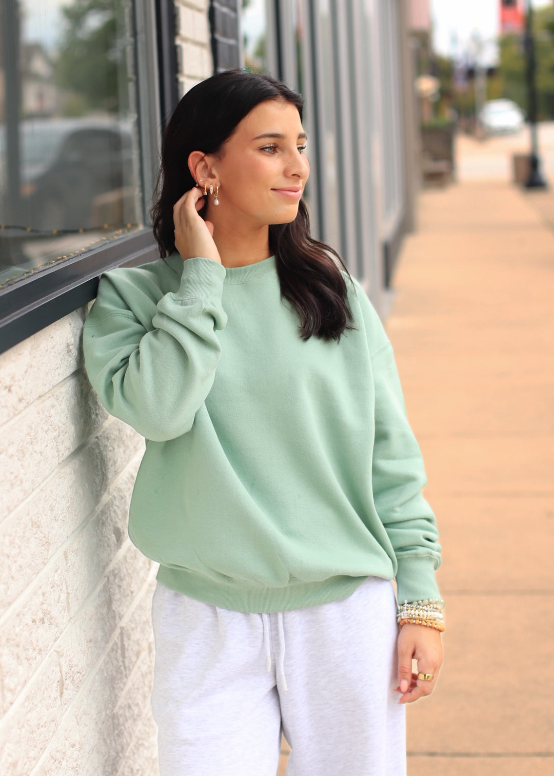 Fleece Basic Relaxed Fit Crew Neck in Granite Green