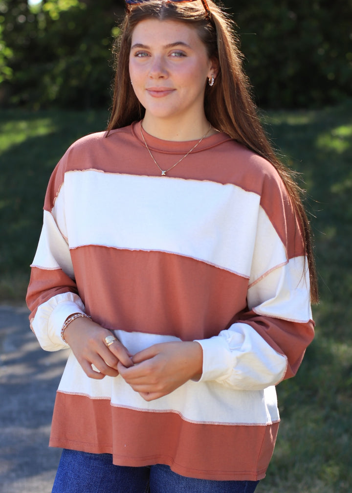 Contrast Panel Long Sleeve Slouchy Pullover
