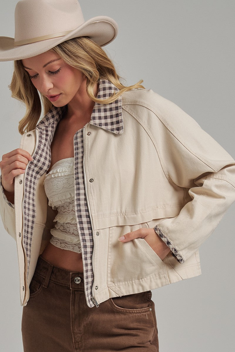 Vintage Oxford Canvas Twill Fall Jacket With Gingham Collar