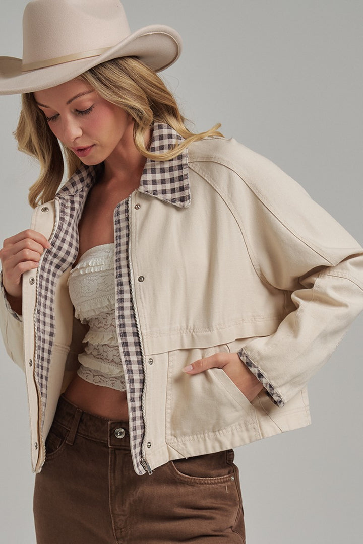 Vintage Oxford Canvas Twill Fall Jacket With Gingham Collar