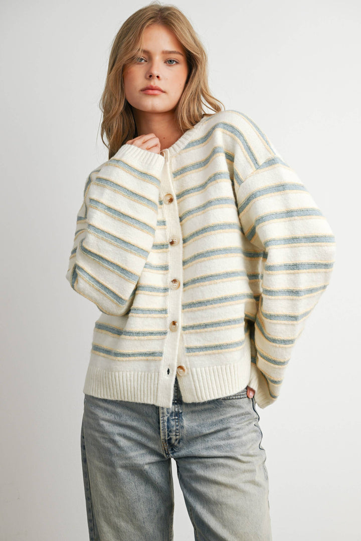 Ivory Multi Stripe Button-Up Cardigan
