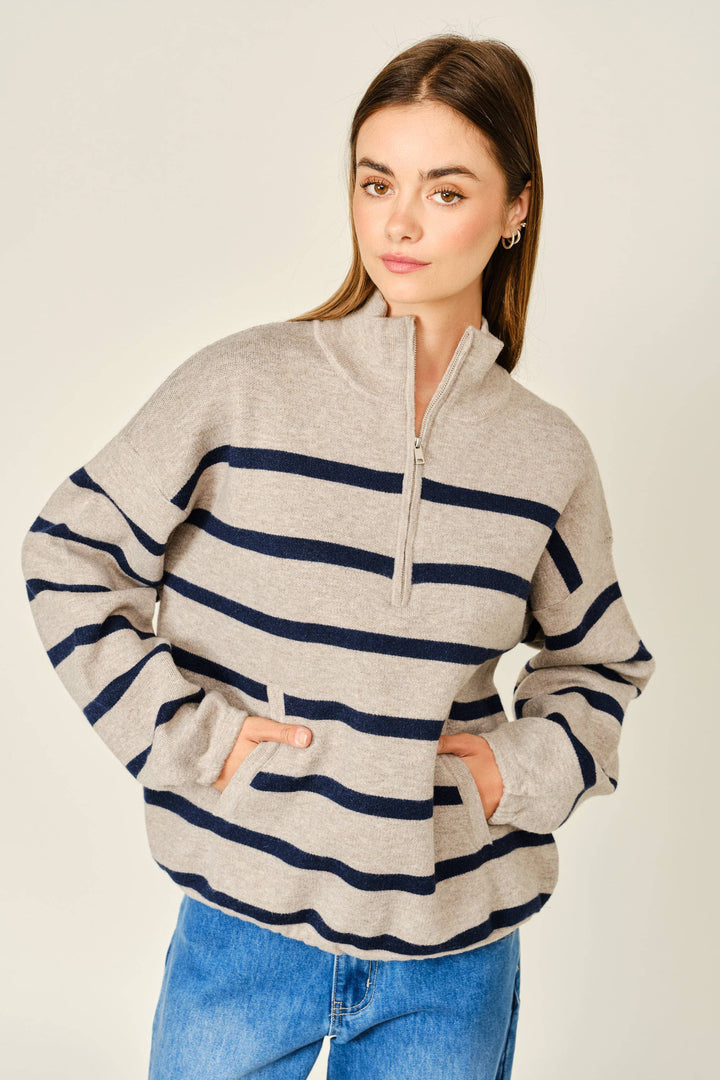 Mary Ann Striped Mock Neck Zip-Up Sweater
