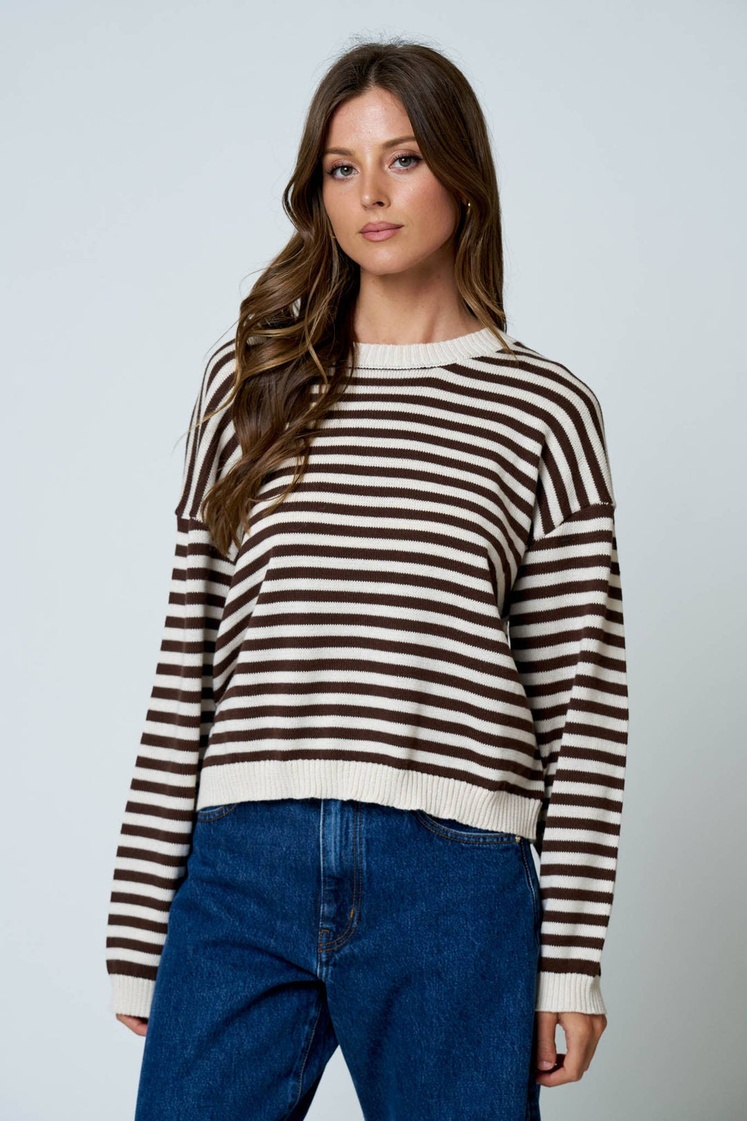 Oatmeal &amp; Brown Stripe Back Button Sweater