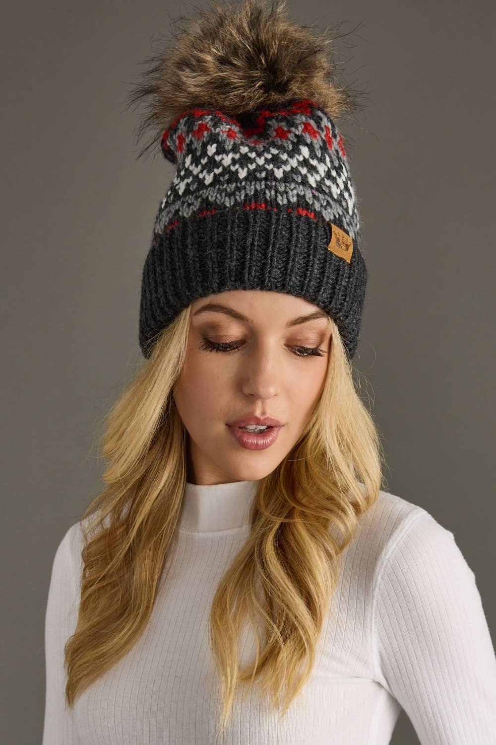 Dk. Gray, Red & White Winter Pattern Pom Hat